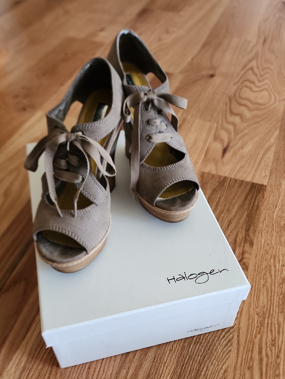 Halogen Taupe Lace-Up Suede Peep-Toe Heels
